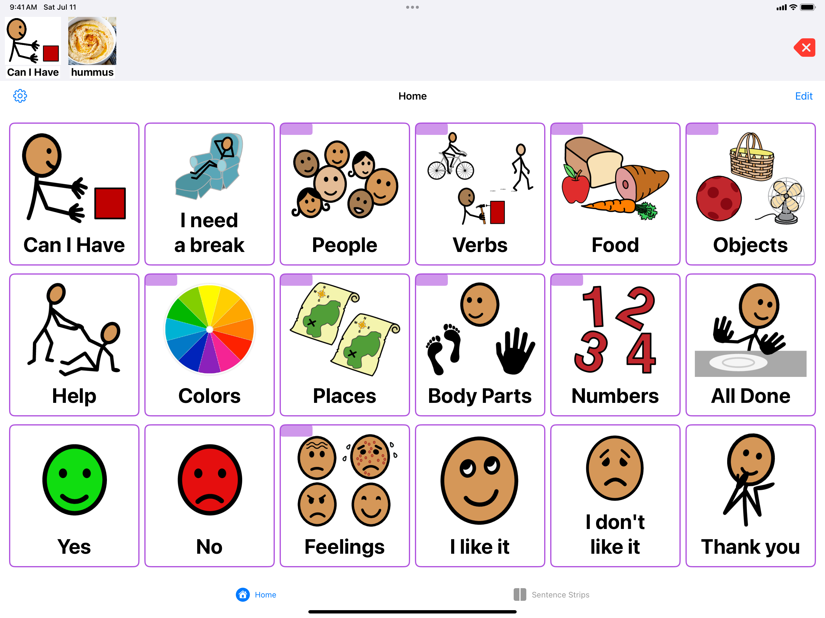 ConnectTalk home board showing communication categories like People, Food, Feelings, Colors, and more