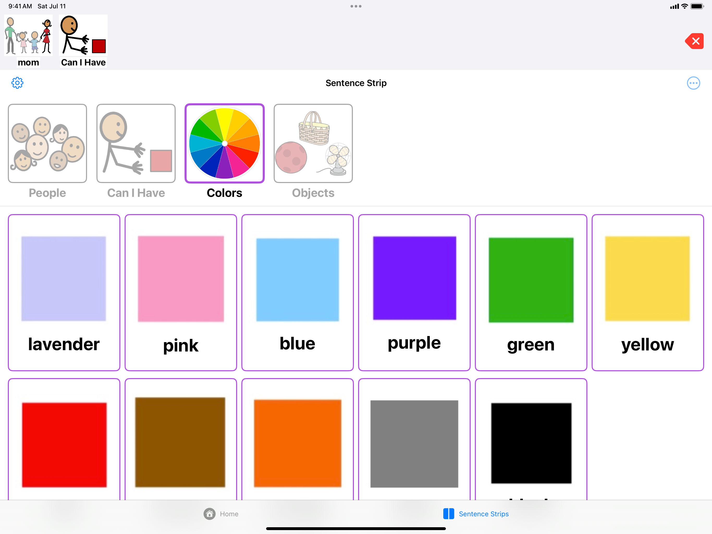 ConnectTalk guided sentence strip feature showing step-by-step sentence building with color choices