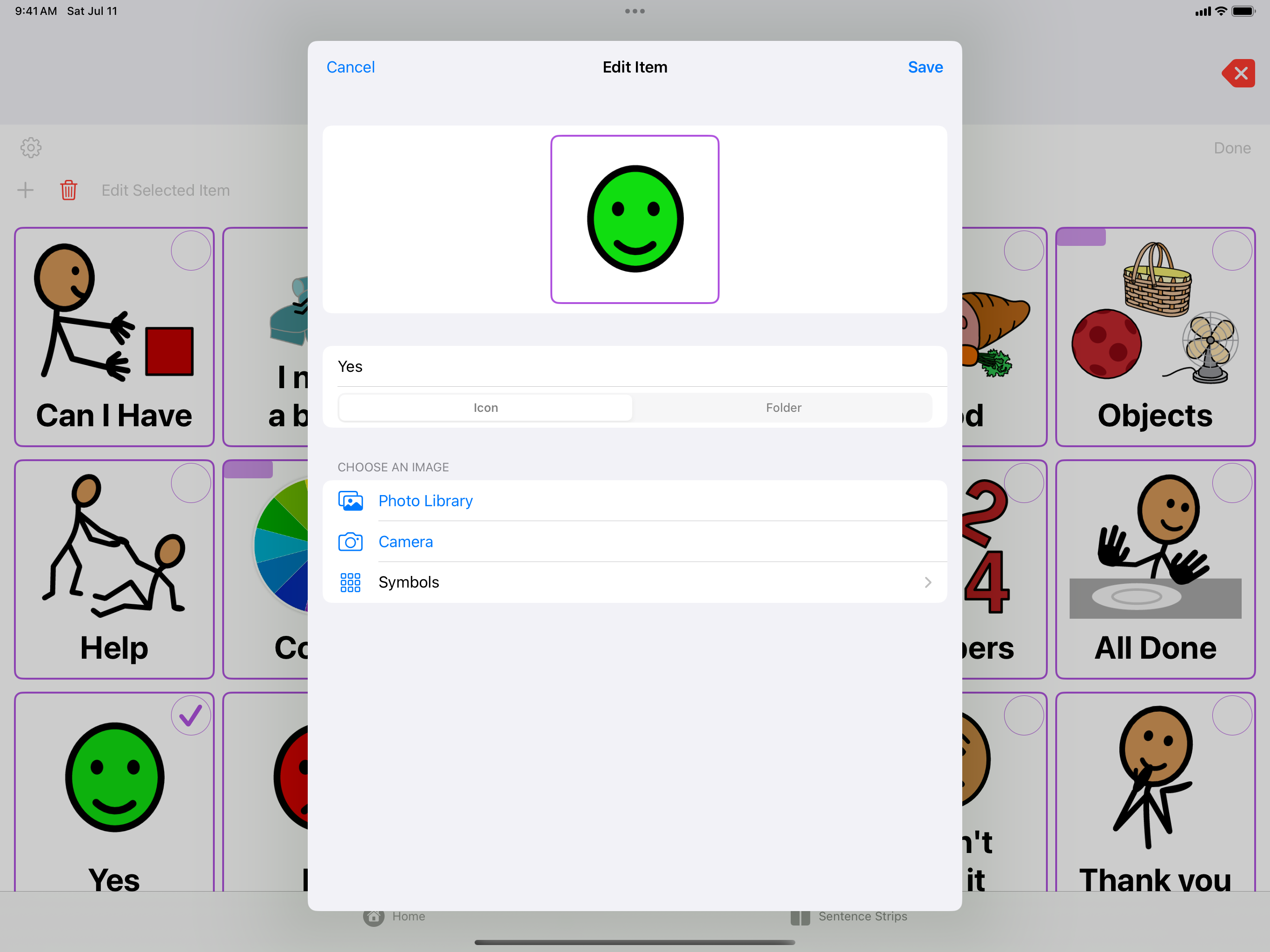 ConnectTalk icon editor showing how to customize cards with photos, camera, or symbols