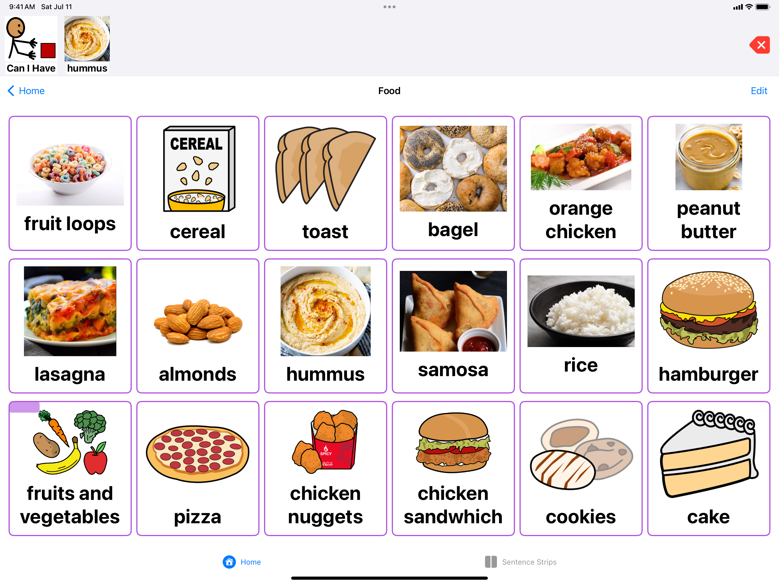 ConnectTalk food folder showing picture cards for fruit loops, cereal, toast, hummus, pizza, and more