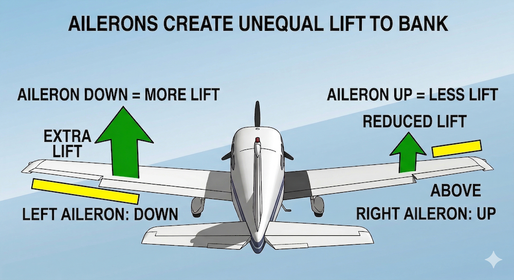 Ailerons create unequal lift to bank — left aileron down gives more lift, right aileron up gives less lift
