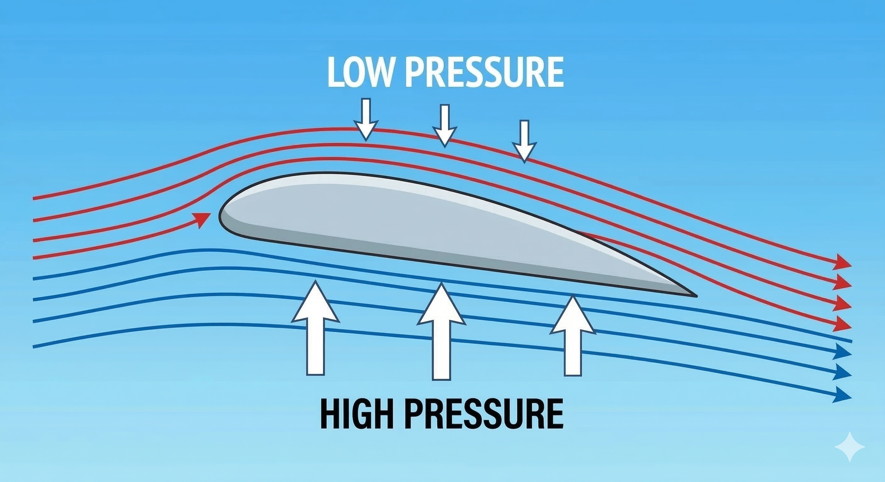 Wing cross-section showing low pressure above and high pressure below