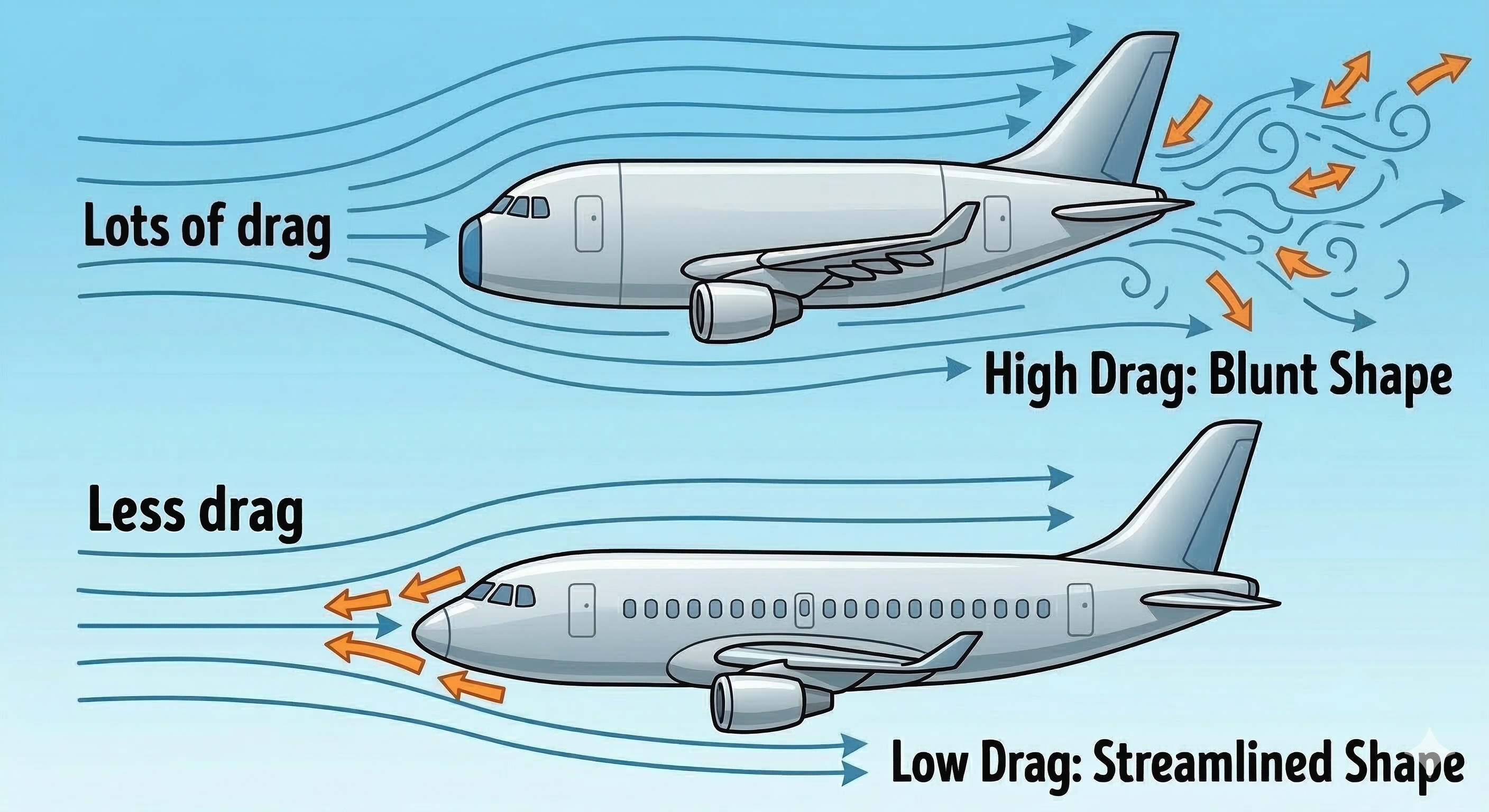 Blunt shape creates lots of drag, streamlined shape creates less drag