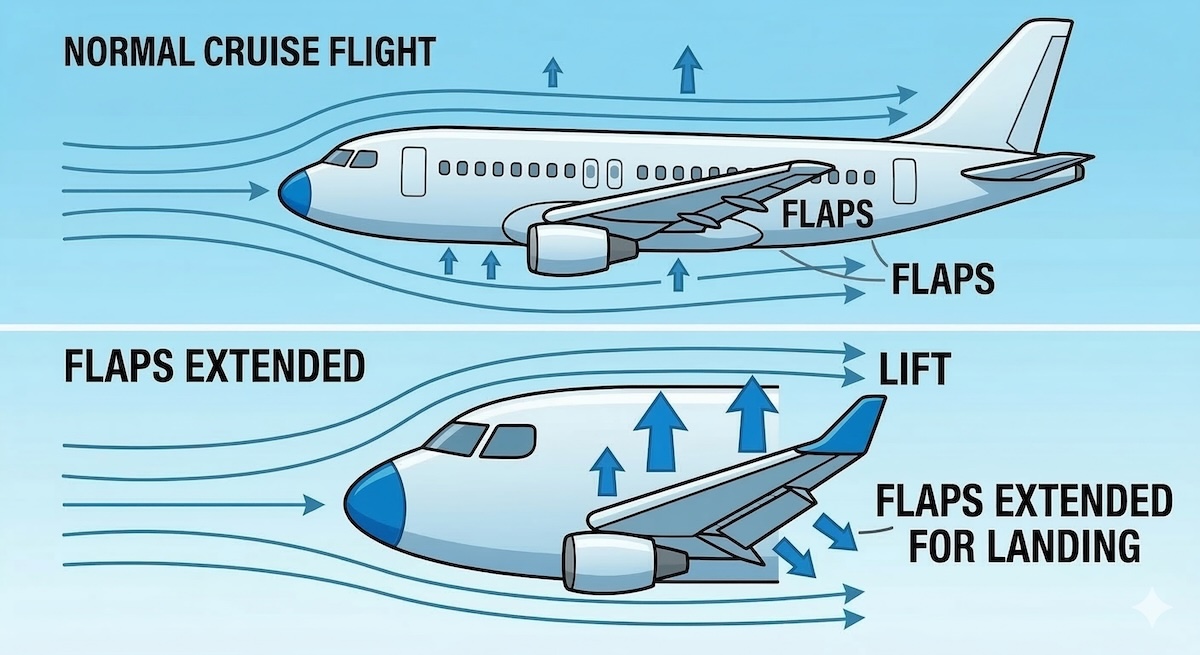 Normal flight with flaps retracted versus landing with flaps extended