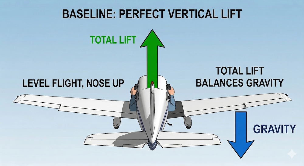 Baseline: in level flight, total lift points straight up and balances gravity