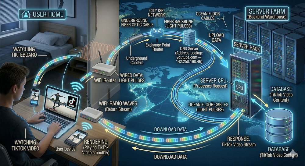 Overview of the full data journey — from a home through ISP networks, undersea cables, DNS servers, to a server farm and back