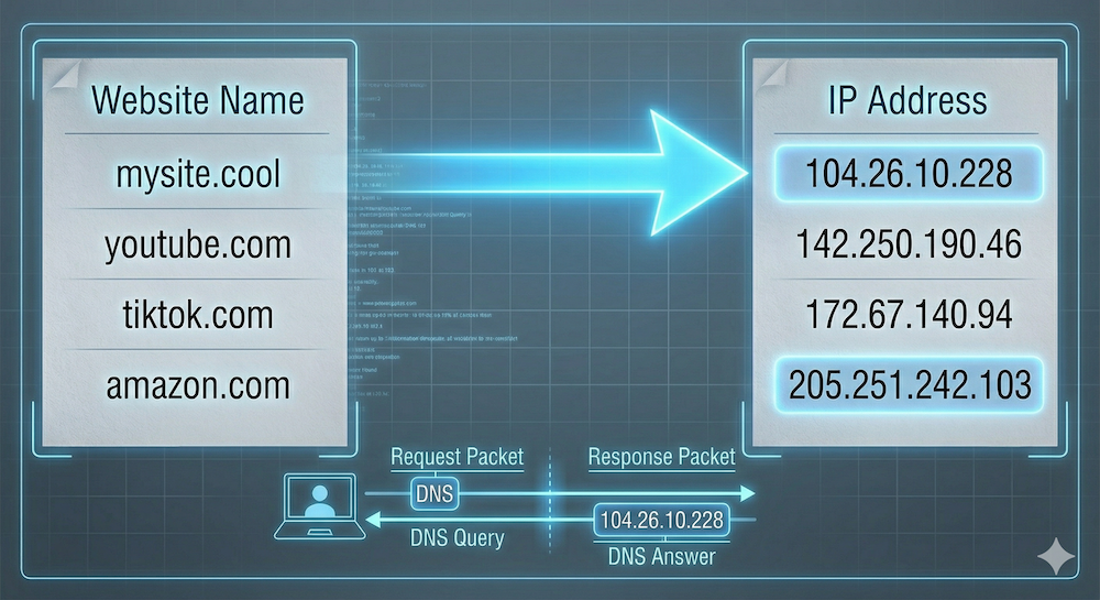 A table showing website names on the left matched to IP addresses on the right, with a DNS query and response below
