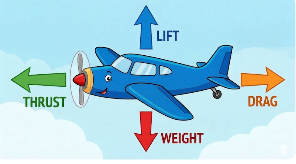 Cartoon airplane showing four forces: lift up, weight down, thrust forward, drag backward