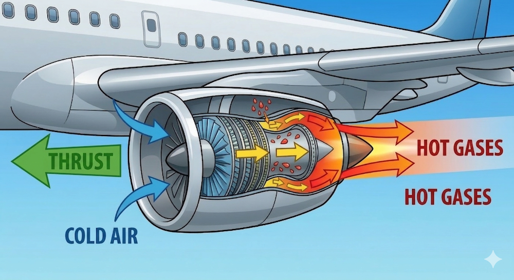 Cutaway of a jet engine showing cold air in, combustion, and hot gases out