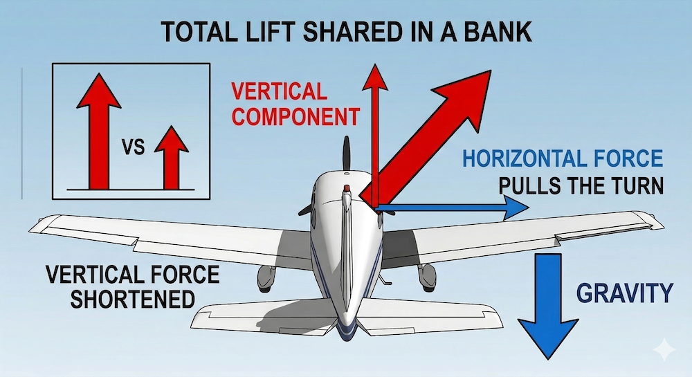 In a bank, total lift tilts — vertical component is shorter, horizontal component pulls the turn