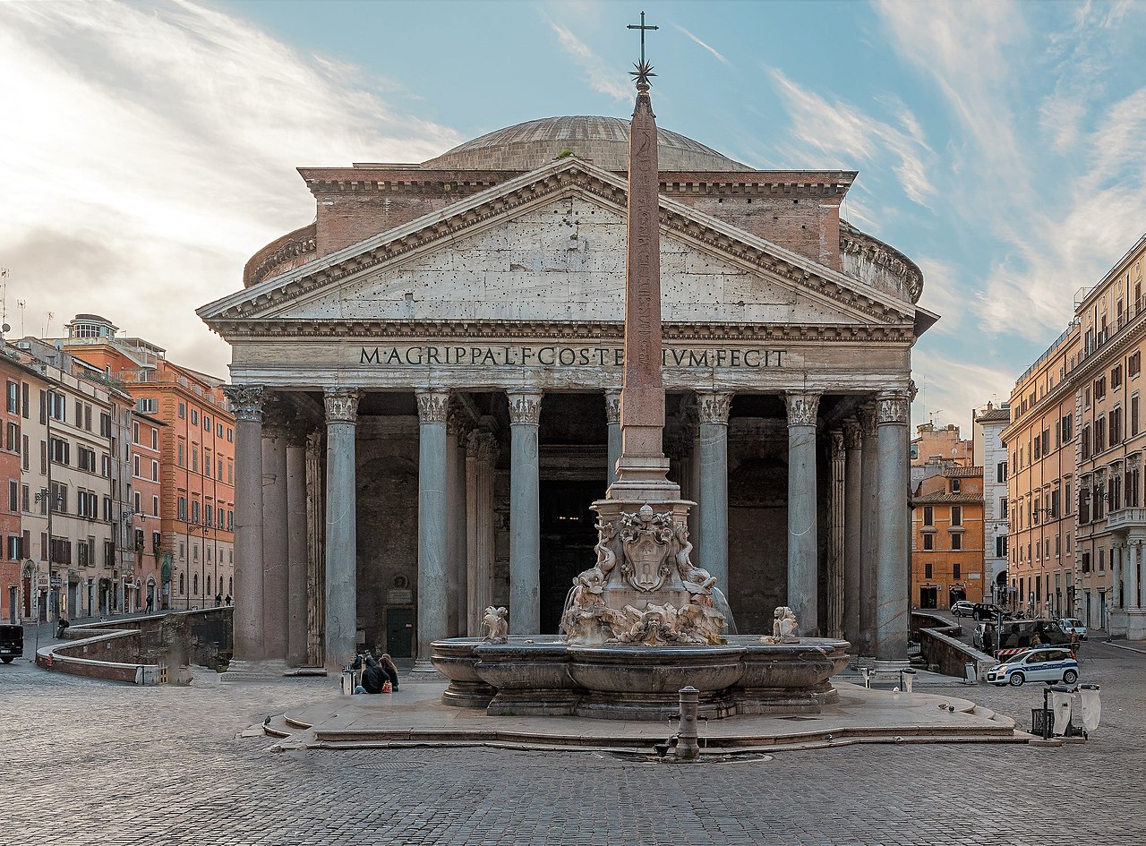 The Pantheon exterior in Rome, showing the portico with its massive Corinthian columns and the inscription M·AGRIPPA·L·F·COS·TERTIVM·FECIT