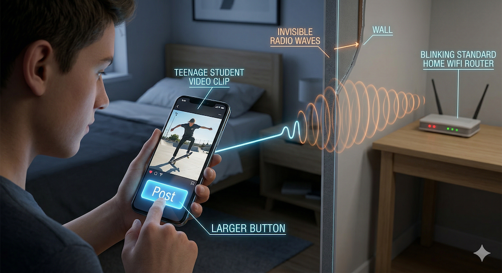 A student hitting Post on their phone — radio waves travel from the device toward a home Wi-Fi router