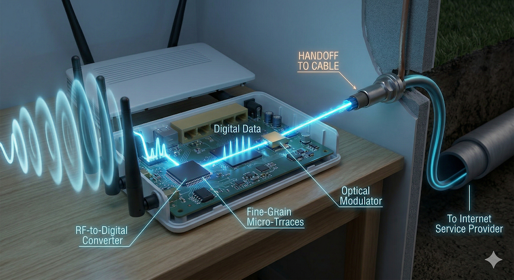 Cutaway of a router showing radio waves being converted into light pulses that exit through a fiber optic cable