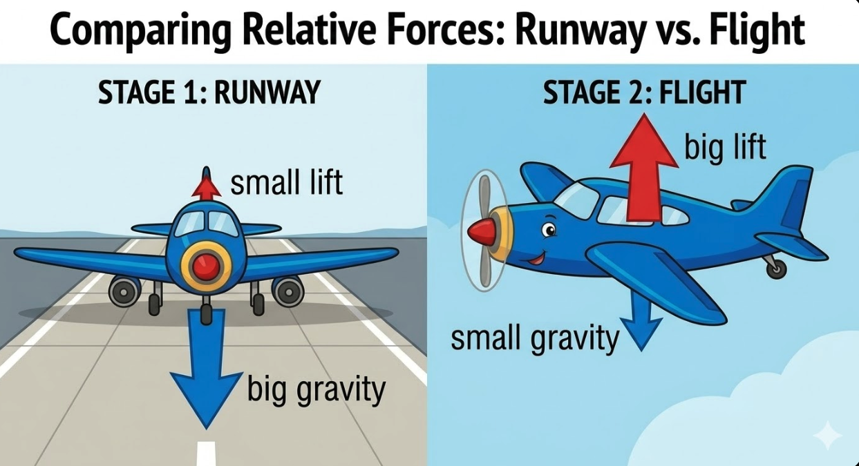 On the runway gravity wins, in the air lift wins